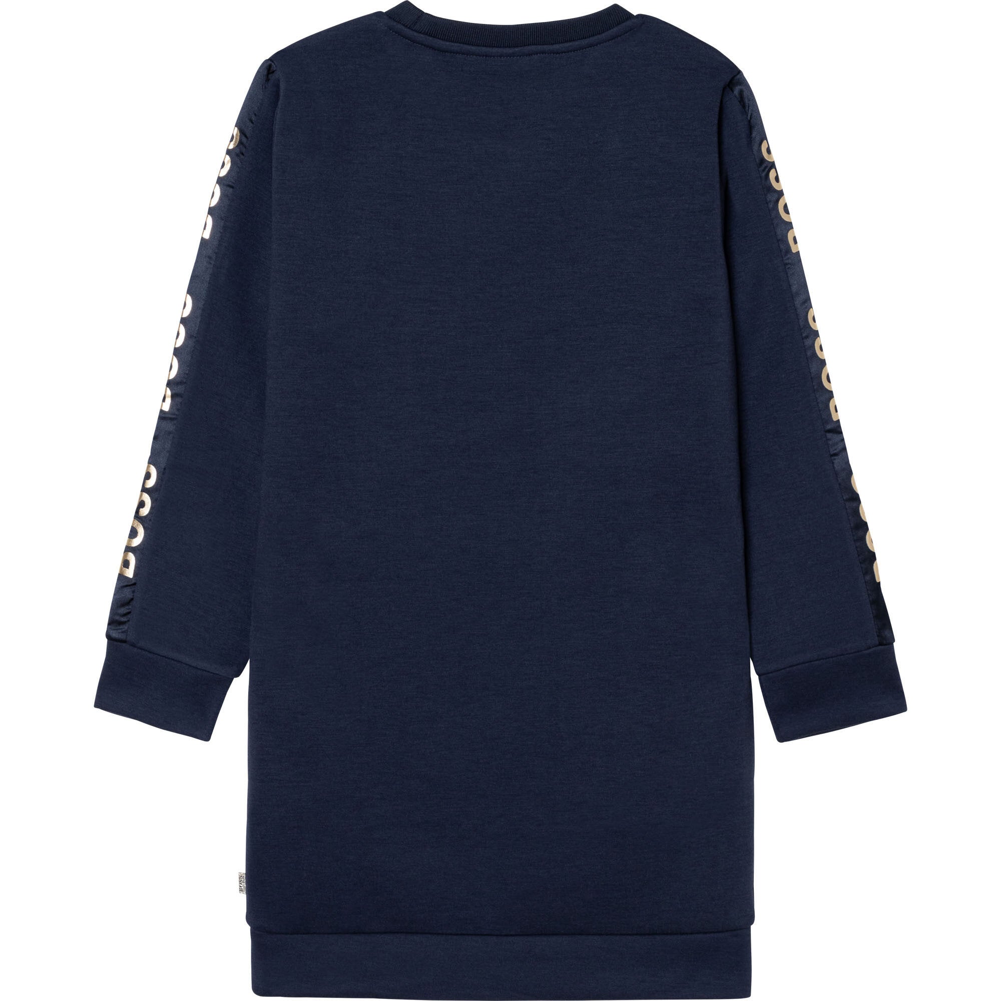 long sleeves navy blue girl dress with navy satin band on the sleeves with Boss logo in gold.