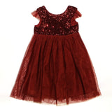 burgundy red sequin dress with tulle skirt and short sleeves