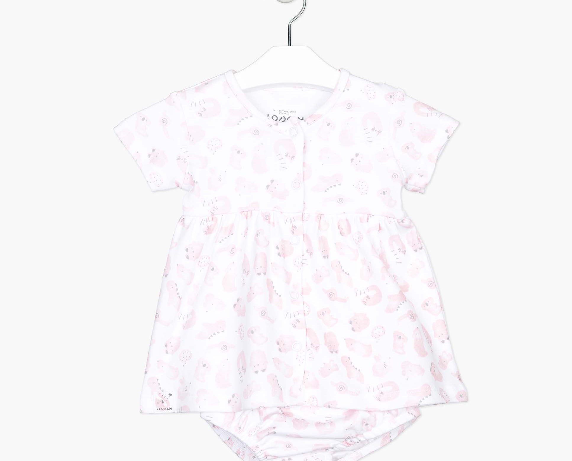 Losan baby girl romper dress in white fabric with adorable pink baby animal prints for casual occasions