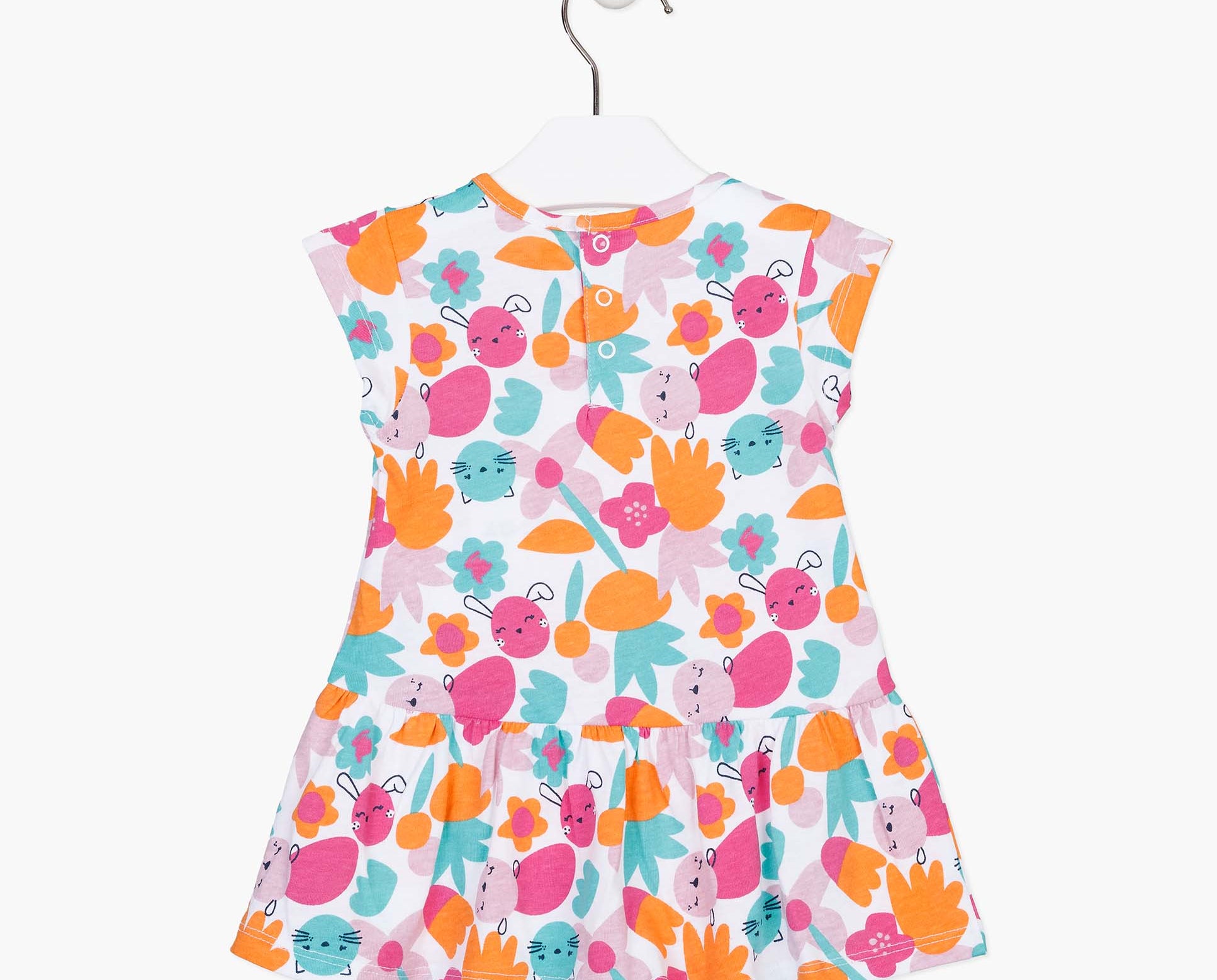 Losan baby girl patterned cotton dress in white and pink with a round neck, short sleeves and snap buttons at the back
