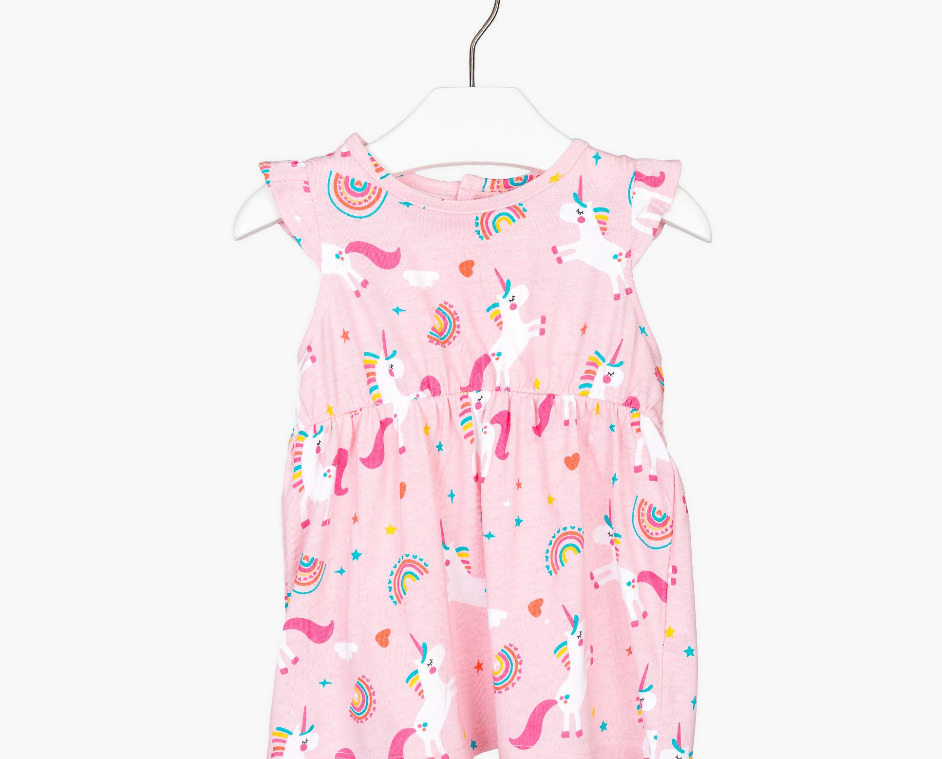 Losan sleeveless cotton dress for baby girls in light pink with a crew neck unicorn and rainbow prints on the front