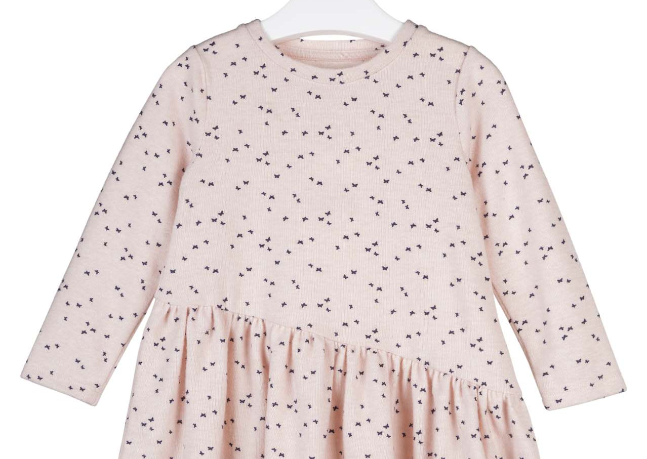 long sleeves rose jersey ruffle dress patterned with black dots