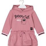 cotton hooded pink sweater dress with cat print, long sleeves