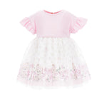 white ruffle sleeve baby dress by Monnalisa, featuring delicate floral prints of roses, tulle jersey dress for spring