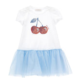 Monnalisa short sleeves white dress for girls with cherry print studs on the front and tulle blue skirt