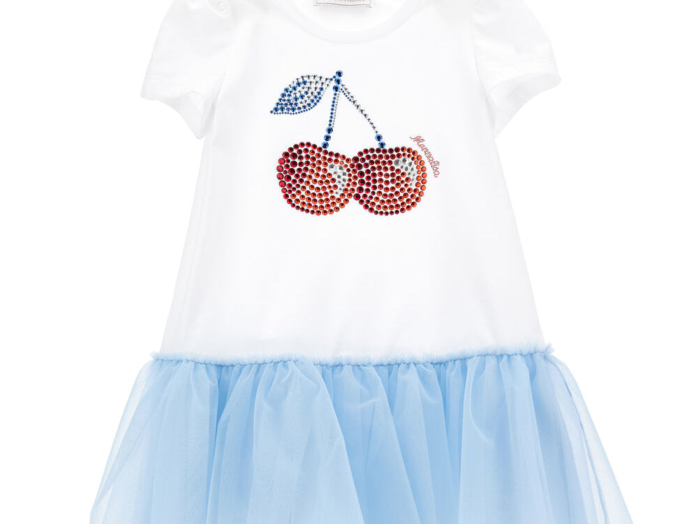 Monnalisa short sleeves white dress for girls with cherry print studs on the front and tulle blue skirt