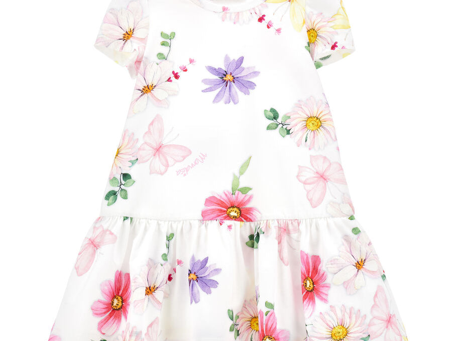 Monnalisa floral print jersey dress in white with short sleeves