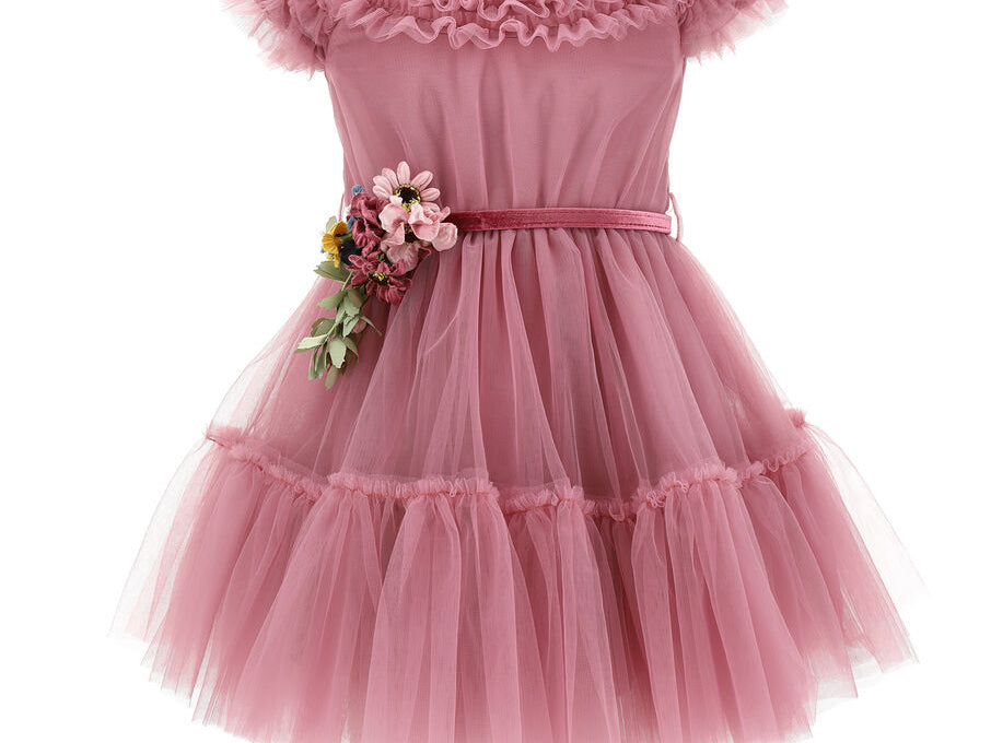 Monnalisa tulle dress with floral ruffle details in pink