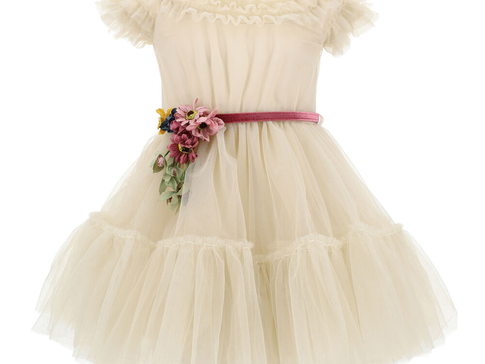 Monnalisa Tulle Dress with Floral Applique Ecru - Main Image