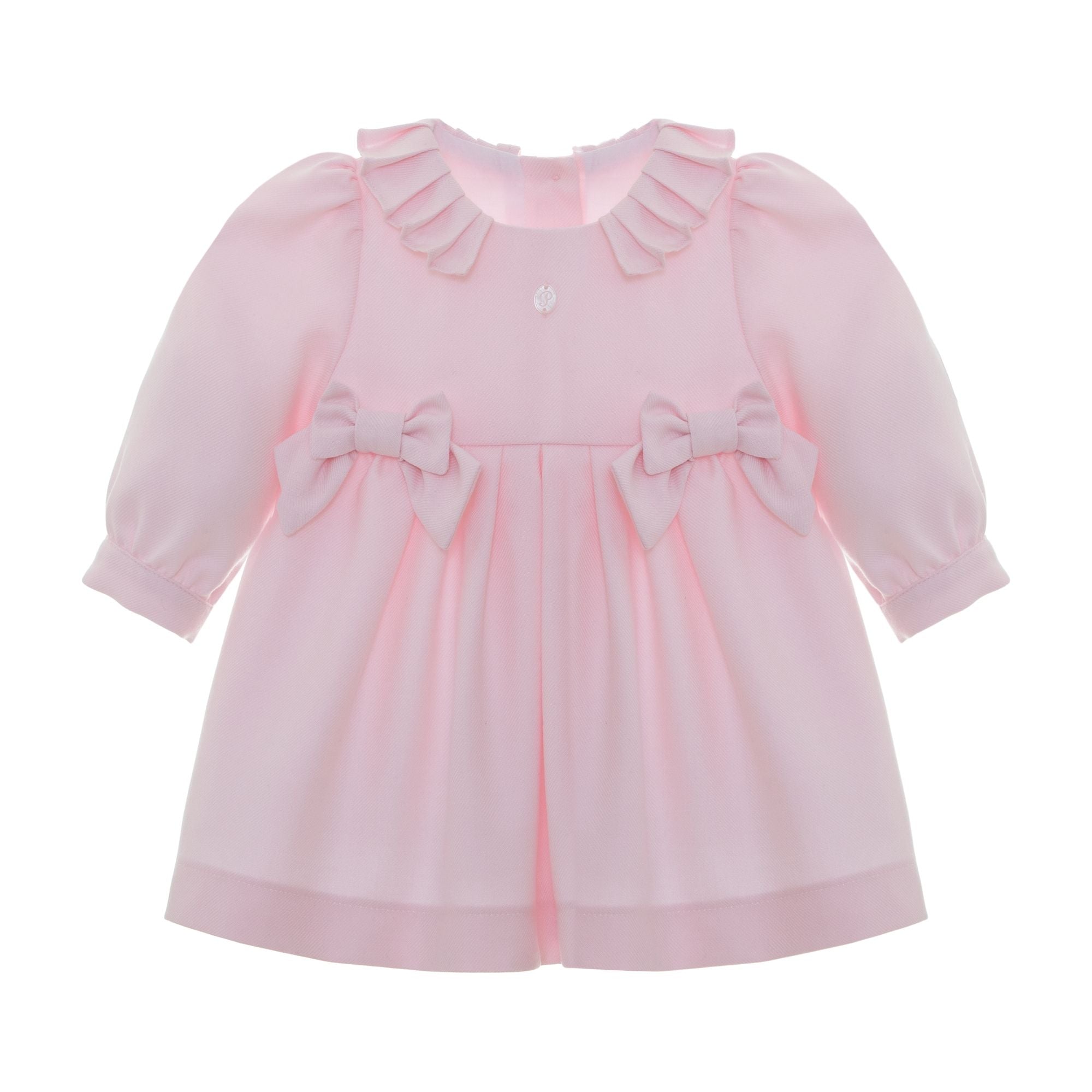 Patachou baby girl pink ruffle dress with bow accents on the front