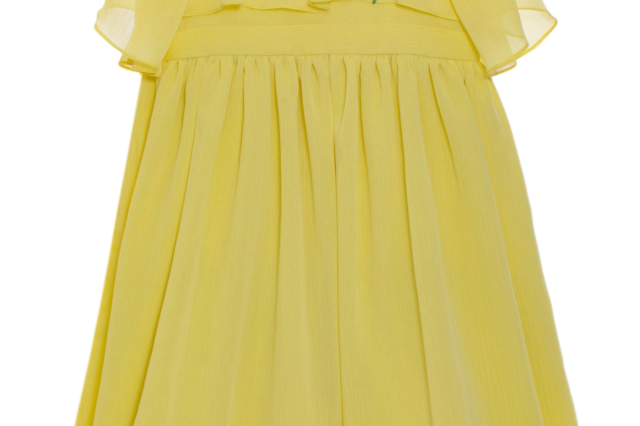 flare chiffon dress in yellow with pink floral applique on the chest and fluffer sleeves