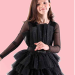 Formal glitter tulle dress, black lace long sleeve organza ruffle dress for girls